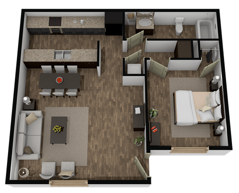 A 3D floor plan of a house showing a living room, kitchen, and two bedrooms.